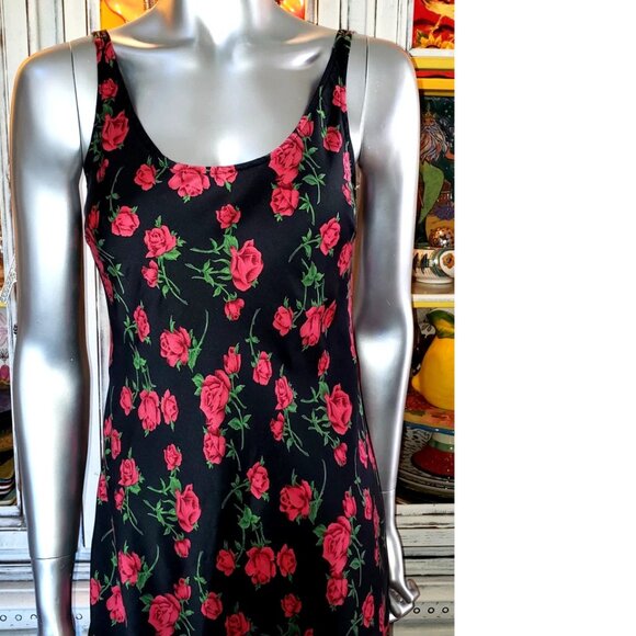 Vintage Betsey Johnson New York 90s Red Rose Floral Black Bead Silk Slip Dress S - Picture 3 of 11